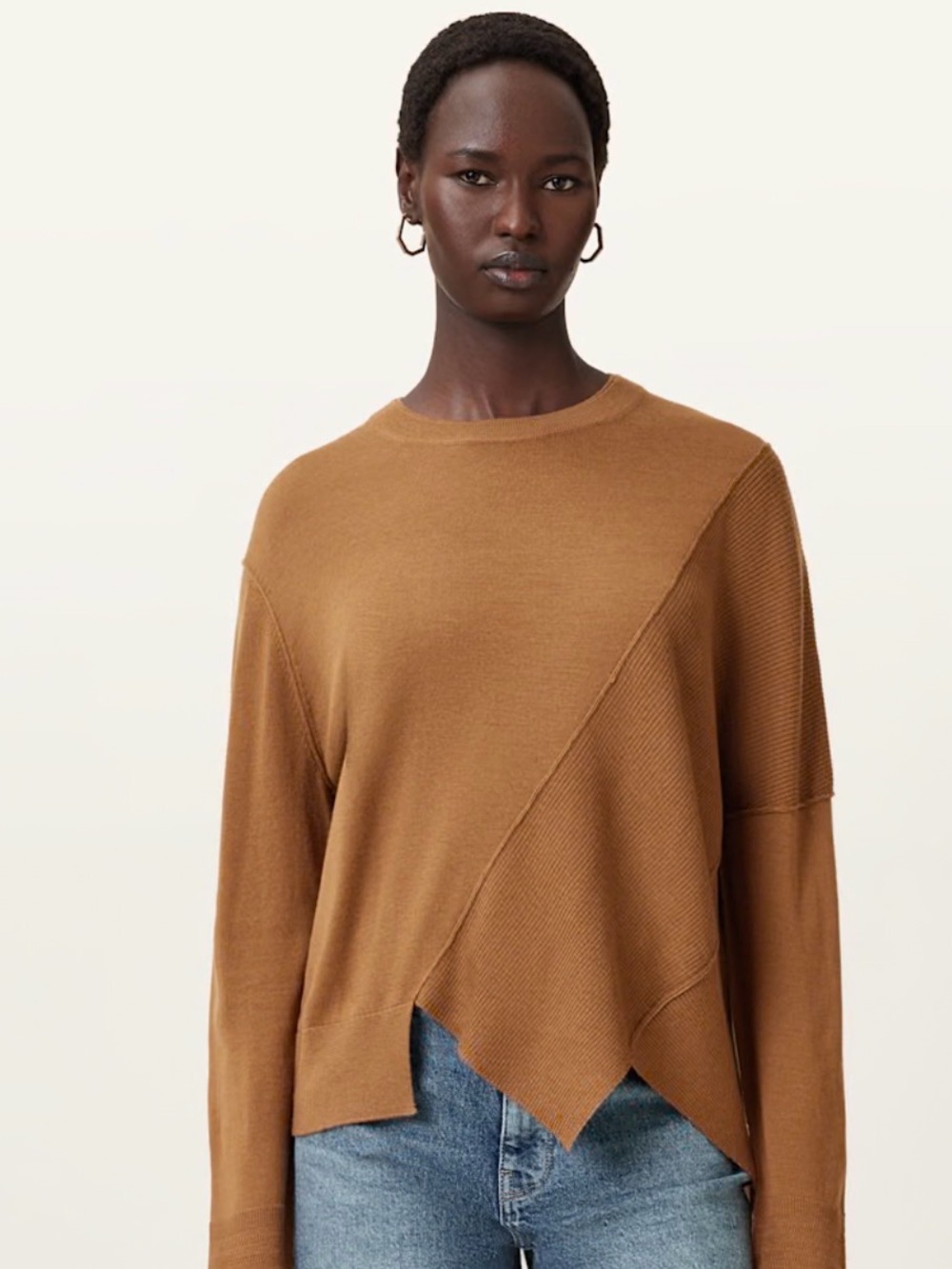 Allsaints women’s xsmall isla crew neck merino jumper assymetrical caramel brown